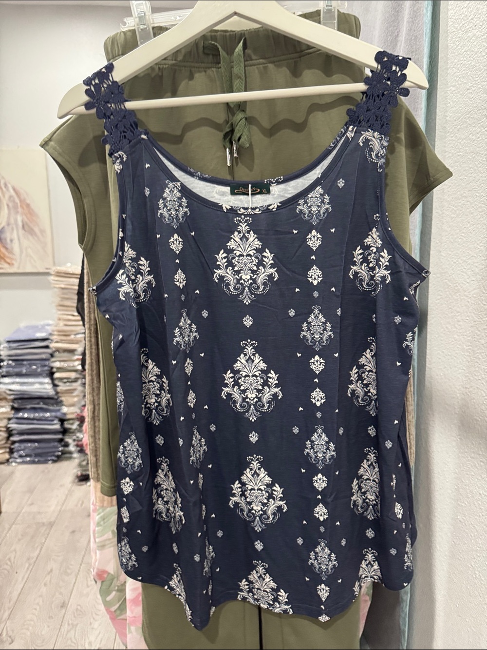 Navy Printed Crochet-Trim Tank Top